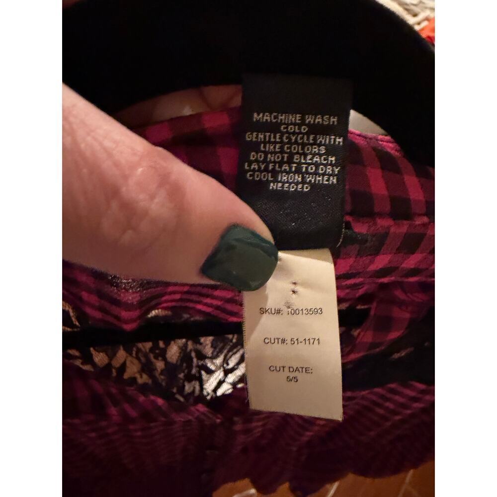 Torrid Women's Pink Black Gingham Tie Back Lace Trim Sheer Boho Top Size 0 Large - Picture 8 of 10
